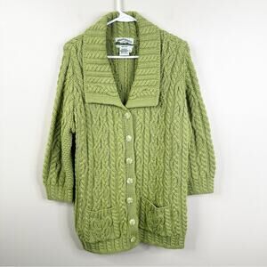 Aran Crafts Ireland Sweater Womens L Green Merino Wool Cableknit Button Front